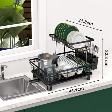 Підставка для посуду ROTTOGOON 2-ярусна, з нержавіючої сталі, чорна - органайзер для кухонних аксесуарів