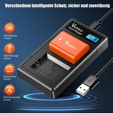Зарядний пристрій Vemico NP-FW50 для акумуляторів Sony, 2 шт. 1200mAh, LCD, Dual, сумісний з Alpha A6000, A6400, A6300, A6500, A7II, A7RII, A7SII, A7S2, A7R, A7R2, A55, RX10