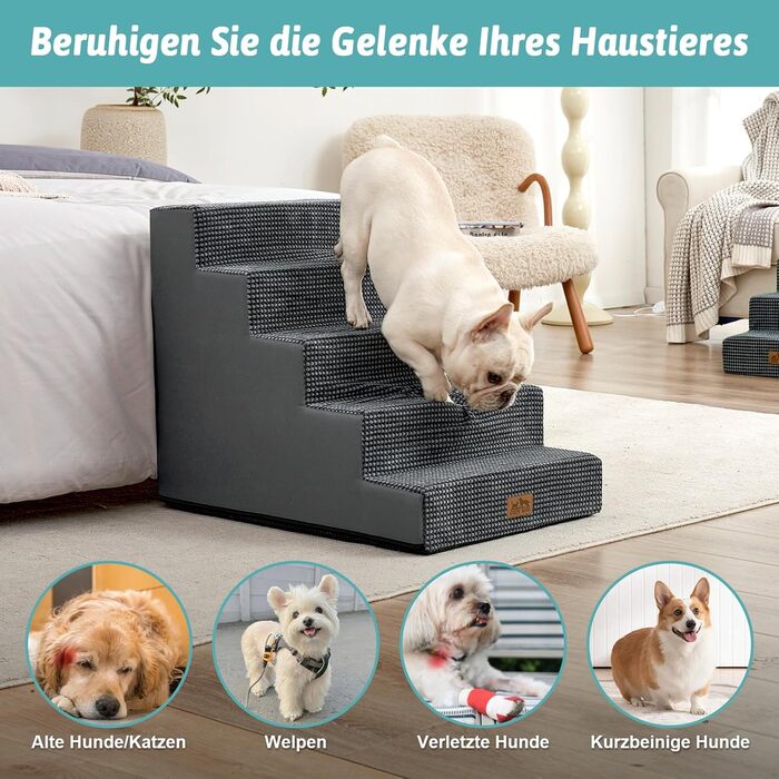 COZY KISS Dog Stairs for Small Dogs, Wide Steps Pet Stairs for Bed Couch Car, 60cm High High-Density Foam Cat Stairs with Removable Cover (7x0x60cm, ) (Dark Gray, 5, 75x50x60cm)