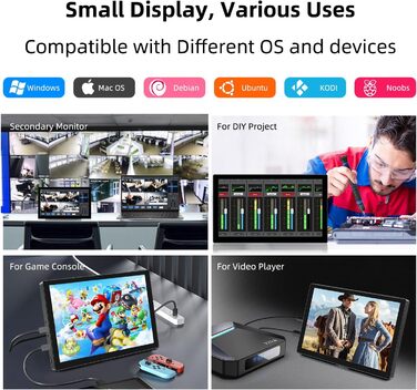 Портативний монітор 10.1 дюйма Full HD IPS LCD екран з HDMI та USB Type C для ноутбука, ПК, PS4/5, Xbox, Rasp Pi (без тачскріну)