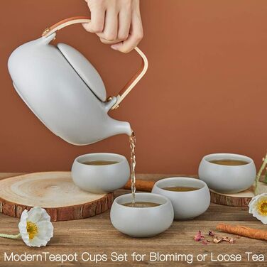 ZENS Modern Japanese Teapot, 800ml Matte White Ceramic Teapot with Infuser, Wooden Handle Small Japanese Teapot for Loose Leaf Tea, White Tea, Green Tea Steeper, Gift for Tea Lovers (10-grey Tea Service-4 Cups)