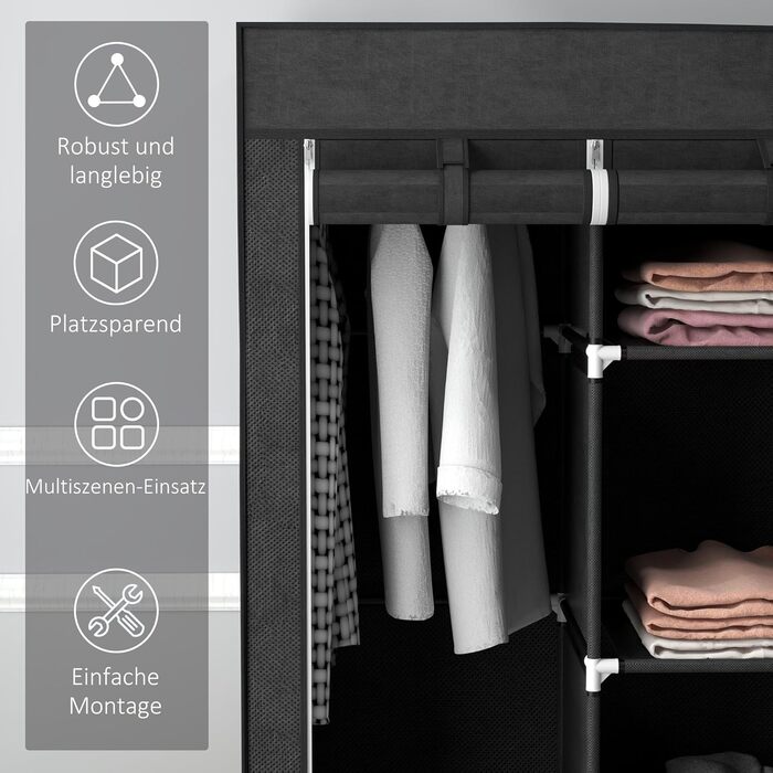 HOMCOM Fabric Wardrobe, Foldable Clothes Closet with Clothes Rod & Drawers, Folding Closet with Zipper, Fabric Closet for Bedroom, Black, 125 x 43 x 162.5