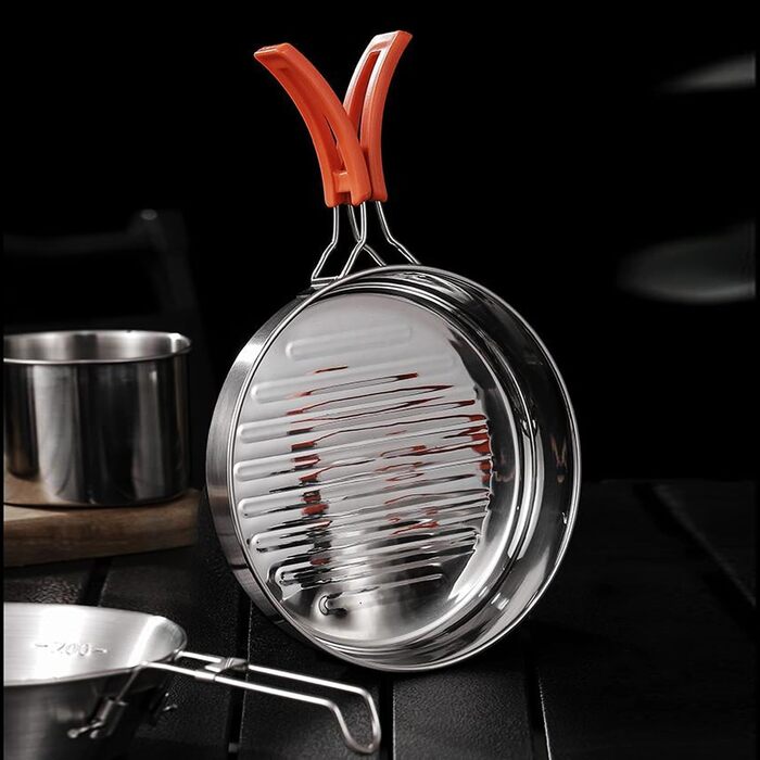 Набір посуду для кемпінгу з нержавіючої сталі 304, посуд для кемпінгу, каструля та сковорода з чайником, тарілками, виделкою, ножем, ложкою для 2-3 особи