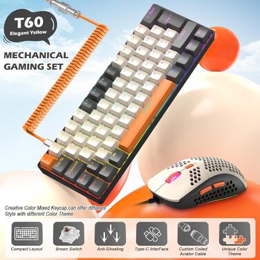 ZIYOU LANG T60 Pro: Механічна комбо клавіатура та миша з RGB підсвічуванням (60% UK Layout, Linear Red Switch, 6400DPI)