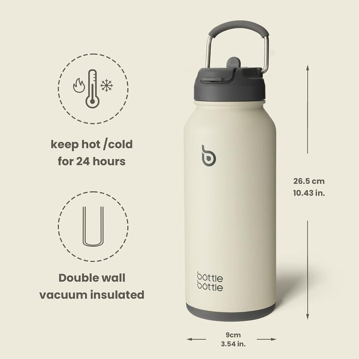 BOTTLE BOTTLE Stainless Steel Water Bottle 1L with Straw – Leak-Proof Insulated Bottle for Sports & Gym, with Pill Compartment, BPA-Free, Double-Walled (Grey)