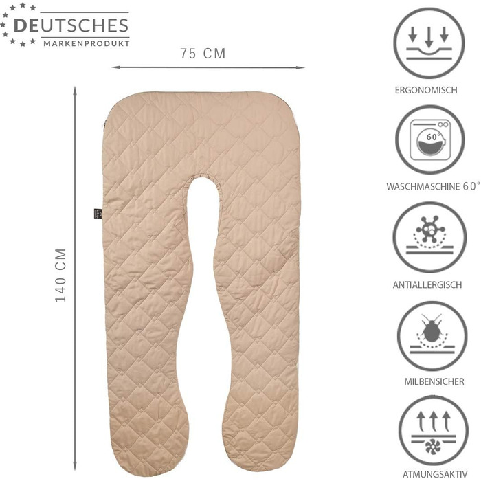 Подушка для вагітних та годування Sei Design XXL 190x35 см з мусліновим покривалом, ергономічна, U-подібна. Подушка для сну та підтримки тіла з органічної бавовни.