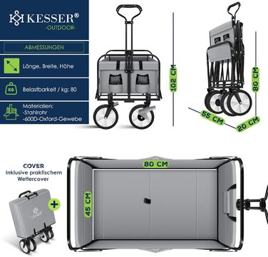 KESSER® Folding Bollerwagen (Hand Cart, Transport Cart) - Max. 150kg Load Capacity & 360° PVC Tires - Utility Wagon including 2 Mesh Bags, Side Pocket & Cover - Transport Cart, Garden Trailer without Roof, Blue (Grey / Black)