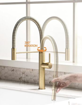 Кухонний змішувач TIMACO висувний, поворотний на 360°, золото. Змішувач для кухні, одноручний, для мийки.