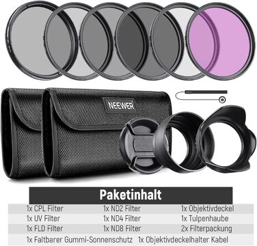 Набір фільтрів Neewer 82mm: UV, CPL, ND2, ND4, ND8, FLD, бленда та кришка об'єктива, сумісний з Canon, Nikon, Sony, Panasonic, DSLR