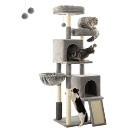 Кігтеточка для котів FourFurPets 156 см з драбиною з сизалю, 2 платформи, 2 печери, гамак, м'ячики (світло-сірий)