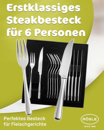 RÖSLE PASSION Steak Set, 12-Piece – High-Quality Steak Set for 6 People made of Stainless Steel 18/10 and Special Steel Blades – Highly Polished, Dishwasher Safe, in Elegant Gift Box, 12-Piece Steak Set