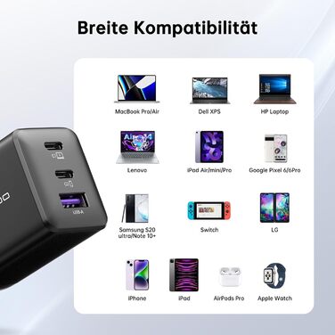 Зарядний пристрій USB-C 67W NOVOO GaN III з 3 портами, швидка зарядка для MacBook, iPad, Pixel, Samsung, iPhone, Steam Deck - Чорний