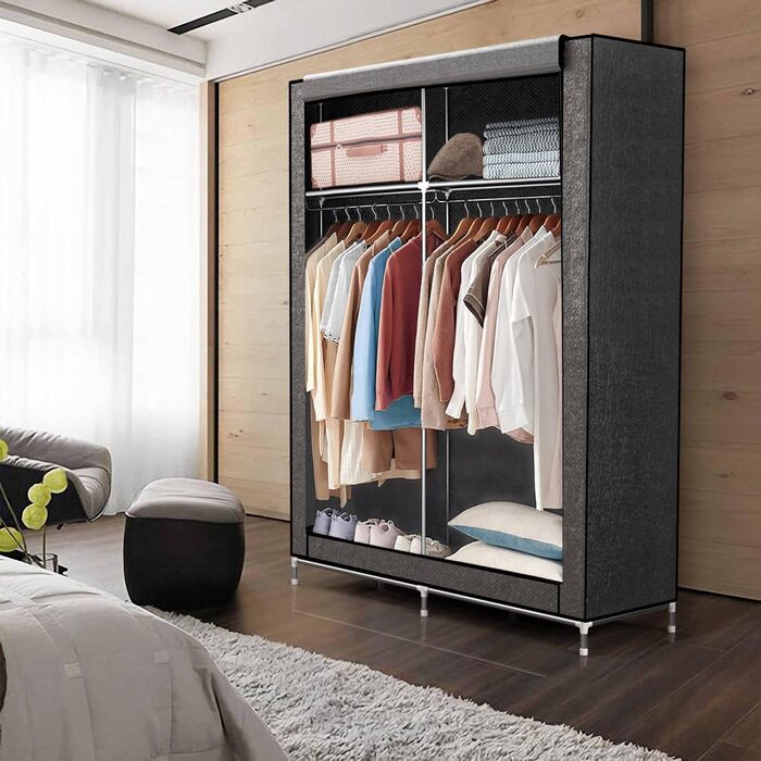 Folding Wardrobe 108x45x170 cm in GRAY - Fabric Clothes Closet with Zipper and Clothes Rail, Side Pocket and Compartments - Shelving Unit, Metal Frame, Storage