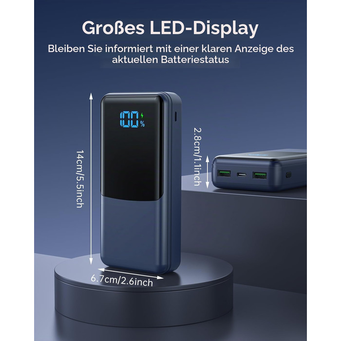 Повербанк 27000mAh з швидкою зарядкою USB-C PD 20W, зовнішній акумулятор для iPhone та Samsung з LED-дисплеєм, 2 входи та 3 виходи, чорний