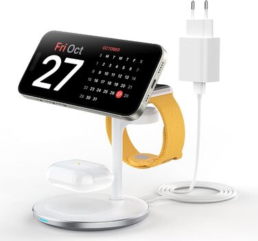 3-в-1 індукційна зарядка для декількох пристроїв, 15W MagSafe зарядка для iPhone 15/14, MagSafe зарядний пристрій для iWatch Ultra 2/1/Series 9/8, AirPods, білий колір