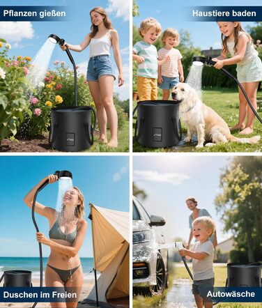 Портативна душова кабіна WADEO з акумулятором, насосом та підсвічуванням, 120 хвилин роботи, LED-підсвічування, комплект мобільної душової з 2м шлангом, душовою насадкою, тримачем та відром для душу, для саду, миття авто, тварин, пляжу, подорожей, чорного