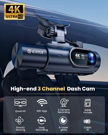 3-канальний 4K відеореєстратор для авто з камерою заднього виду, Wi-Fi, G-сенсором та нічною зйомкою, 4K+1080P+1080P, 64GB SD-карта в комплекті