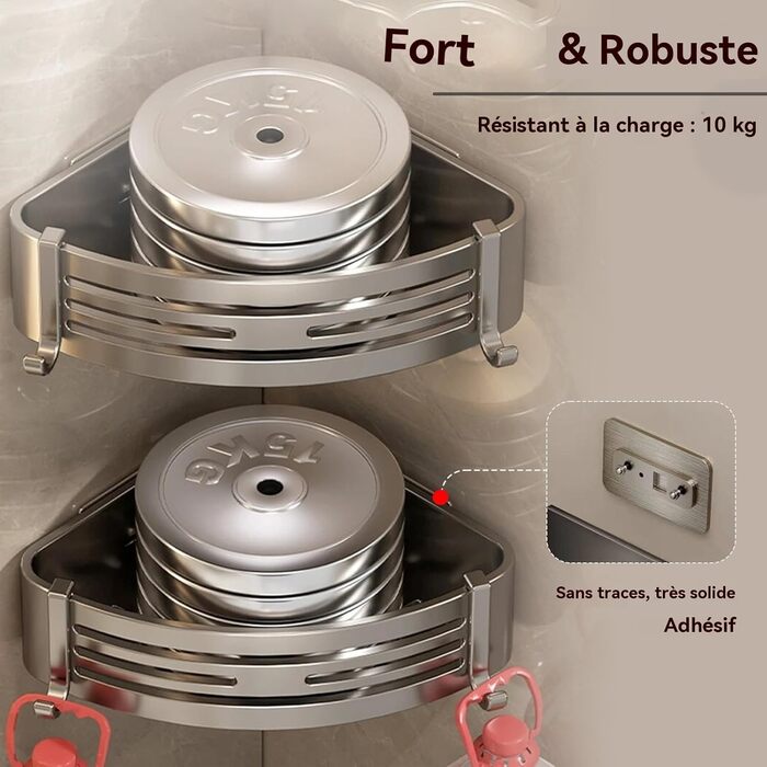 Поличка для душу без свердління - органайзер для ванної кімнати. Етажерка для душу та ванни з 4 гачками. Міцна алюмінієва поличка, водонепроникна з високим бортиком (Сірий)