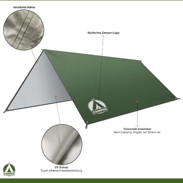 Тент Zamper Zelt-Plane 3x3m: водовідштовхуючий сонцезахисний тент для кемпінгу та відпочинку на природі (зелений)