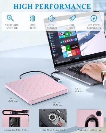 Зовнішній DVD-привід ORIGBELIE: CD/DVD-бредер з 4 USB та 2 TF/SD слотами, ультратонкий оптичний накопичувач для ноутбука, PC, Mac, Windows 11/10/8/7, Linux