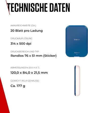 Canon Zoemini 2 Marineblau: Міні-принтер для фотографій, Bluetooth, мобільний, з акумулятором