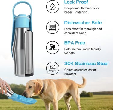 Водяна пляшка для собак на прогулянці - не протікає, з нержавіючої сталі, подвійні стінки, вакуумна ізоляція, 750 мл (Блакитна)