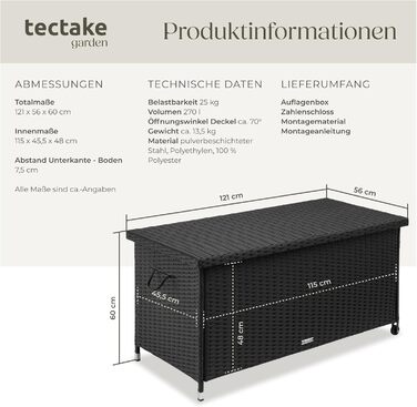 Поліратанова бокс для подушок tectake 270 л, чорний, вулична водонепроникна скриня з кришкою та замком, на колесах, з внутрішньою сумкою, для зберігання садових меблів, тераси, балкону