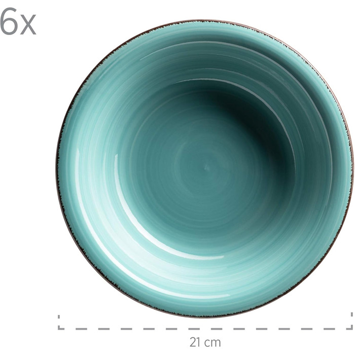 MÄSER Bel Tempo II Dinnerware Set for 6 People with a Modern Vintage Look, 12-Piece Tableware Service, Hand-Painted, Turquoise, Stoneware, 27 centimeters