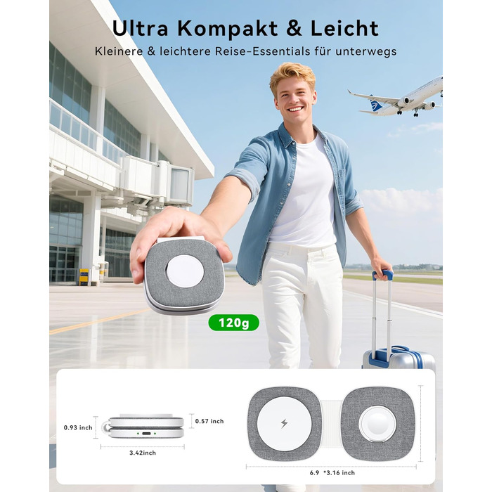 Зарядна станція 2-в-1 для Apple Watch та iPhone MagSafe (20W, сіра) - сумісна з iPhone 17e/Air/17/16/15/14/13/12 та Apple Watch Series 11/10/9/8/7/6/5/4/3/2/SE/Ultra, AirPods