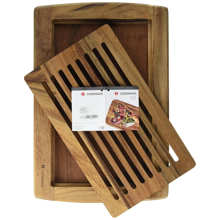 Zassenhaus Bread Cutting Board, Grooved, 42 x 28 x 2 cm, With Removable Crumb Catcher, Acacia Wood, Cutting Board for Bread, Rolls and Baguettes, Wooden Kitchen Board, Blade-Friendly
