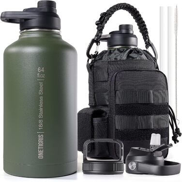 OneTigris Stainless Steel Water Bottle, 1.9L High Capacity, Insulated Sports Bottle for Bicycle, Camping, Yoga, Gym, Softair, OD Green, 64oz