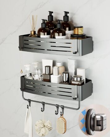 Набір з 2 полиць для душу Onemake з присосками, без свердління, сірого кольору. Дзеркальний кутовий органайзер для ванної кімнати з 6 гачками та рушником.