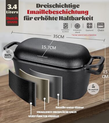 Чавунна форма для випічки хліба з кришкою та кошиком для бродіння – Dutch Oven 4.6л для хліба на заквасці – комплект для випікання, тушкування та смаження – для індукції та духовки
