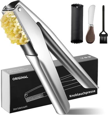 Прес для часнику та імбиру з нержавіючої сталі 18/8, велика чаша, не потребує очищення, стійкий до миття в посудомийній машині, гарантія 5 років