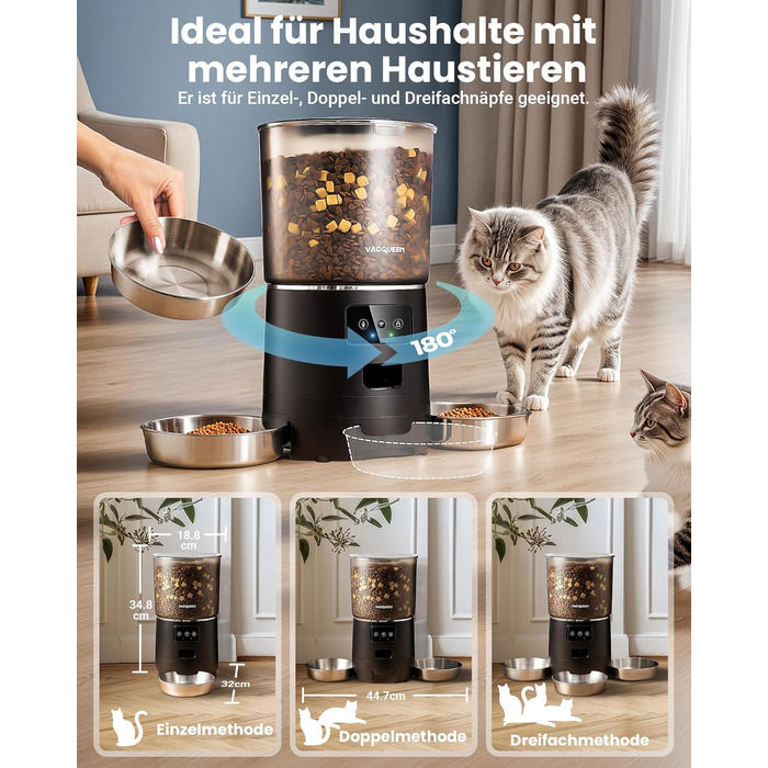 Автомат годівлі для котів з APP та таймером, 6 л / 25 порцій, 3 миски, 3 пакетики силікагелю, система запобігання застряганню, WiFi 2.4G, запис голосу, чорний