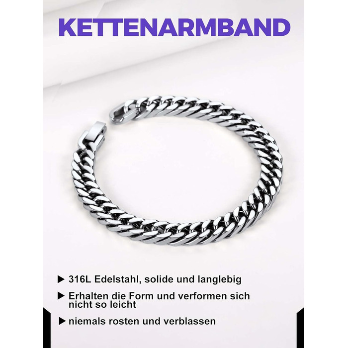 Чоловічий браслет Richsteel з нержавіючої сталі сріблястого/золотого/чорного кольору, ширина 8/12/17 мм, довжина 19/21/23 см, кубинський ланцюг, подарункова коробка. (23 см, 8 мм, срібло)