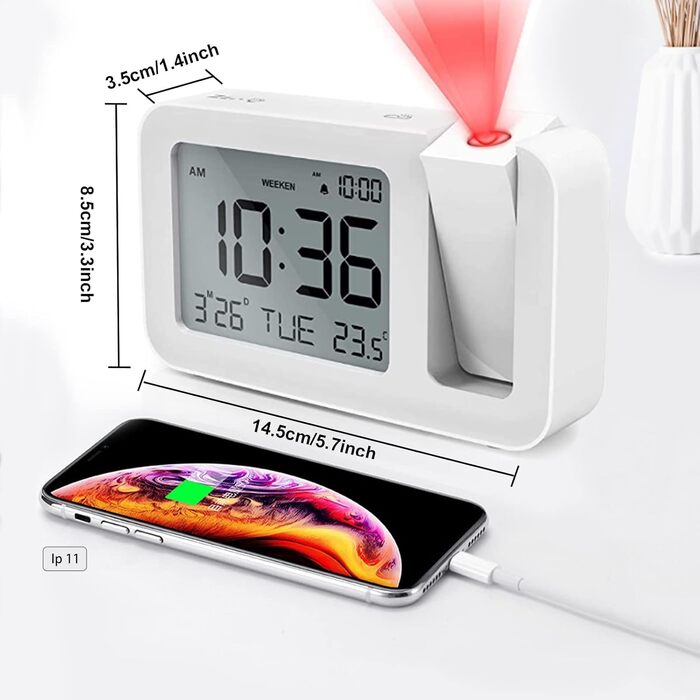 CHEREEKI Projection Alarm Clock, Alarm Clock with Indoor Temperature, 4 Adjustable Projection Brightness, 9-Minute Snooze Function, Digital Alarm Clock Suitable for Office and Bedroom