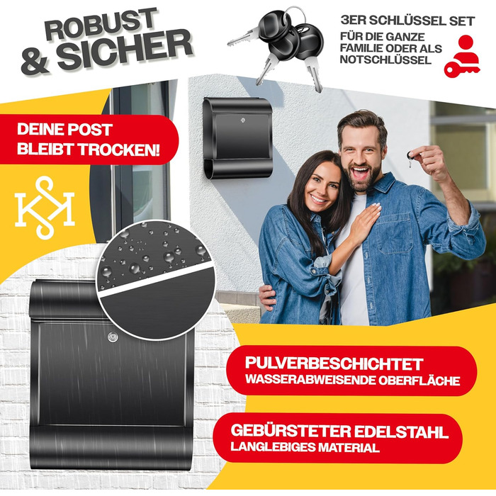 Поштовий ящик настінний KESSER XXL з нержавіючої сталі, з газетницею, замок з 3 ключами, чорний