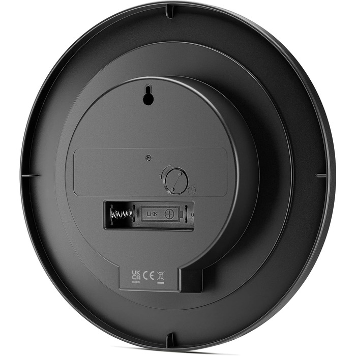 Braun Classic analog wall clock with quiet quartz movement, easy-to-read dial with a 20 cm diameter in black, model BC06B.
