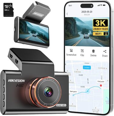 Відеореєстратор Hikvision C6 Pro 3K з GPS, IPS-дисплеєм 3 дюйми, Нічне бачення, WiFi, G-сенсор, Park Mode, підтримка SD до 256GB