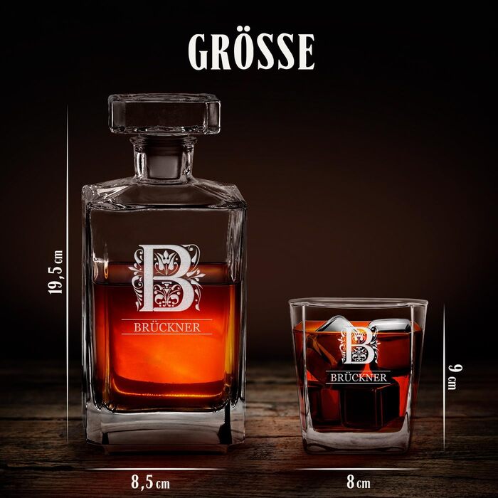 Maverton Whiskey Decanter + Set of 4/6 Whiskey Glasses with Engraving - 700ml Whiskey Decanter - for Christmas - Birthday Gift for Women - Letter