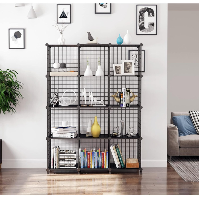 AWTATOS Regal 12 Regal Wire Cube Stackable Shelf Cube DIY Metal Grid Shelf Cube Bookshelf Cube Shelf With Doors For Living Room, Bedroom, Bathroom Black USCIH12BE