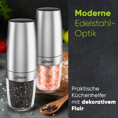 Електричні млини для солі та перцю Liebfeld (2 шт.) з датчиком нахилу - набір з нержавіючої сталі з керамічним жорном