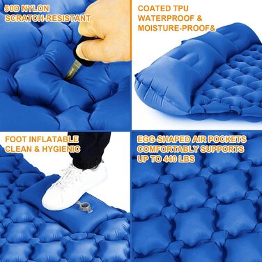 Двоспальний килимок для кемпінгу, самонадувний, 10.2 см, з подушкою, інтегрована фумпочка, для 2 осіб, блакитний