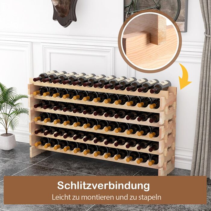 GIANTEX Stackable Wine Rack, Wooden Bottle Rack for 72 Bottles, Wine Cabinet Wine Stand with 6 Tiers, Modular Bottle Holder for Kitchen Bar, Wooden Shelf 119 x 29 x 72 cm, Natural Wood Color
