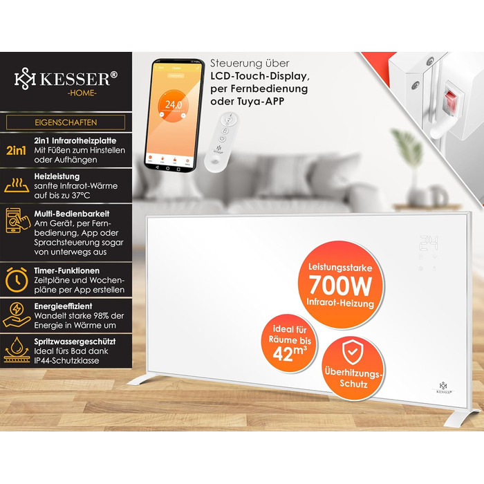 KESSER® Infrared Heater - Energy-Saving Infrared Standing Unit & Wall Mounting Electric Heater 700W with Remote Control, Thermostat & App Control, Electric Heating Panel, Heater Convector, Standing Feet, 700W, White