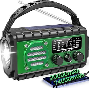 Сонячне радіо з ручним генератором 20000mAh, аварійне радіо SW/AM/FM з Powerbank, LED-ліхтарик, лампа для читання, SOS-сигнал, USB-порт для активного відпочинку