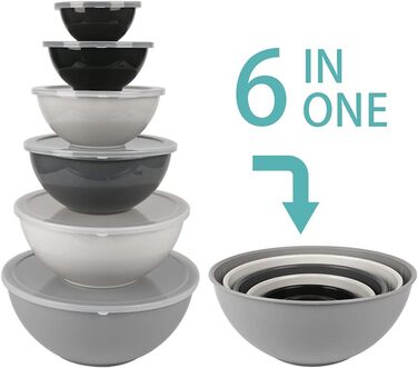 BoxedHome Gray Mixing Bowls Set with Lids, Reusable Mixing Bowl, 12-Pack Mixing Bowl, Plastic Salad Bowl Non-Slip Stackable Serving Bowls for Kitchen (6 Bowls and 6 Lids)
