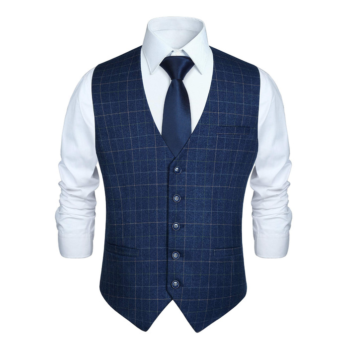Стильна жилетка для весілля та офіційних заходів HISDERN з малюнком у клітинку, бавовна, для чоловіків, колір: Royal Blue, розмір XL