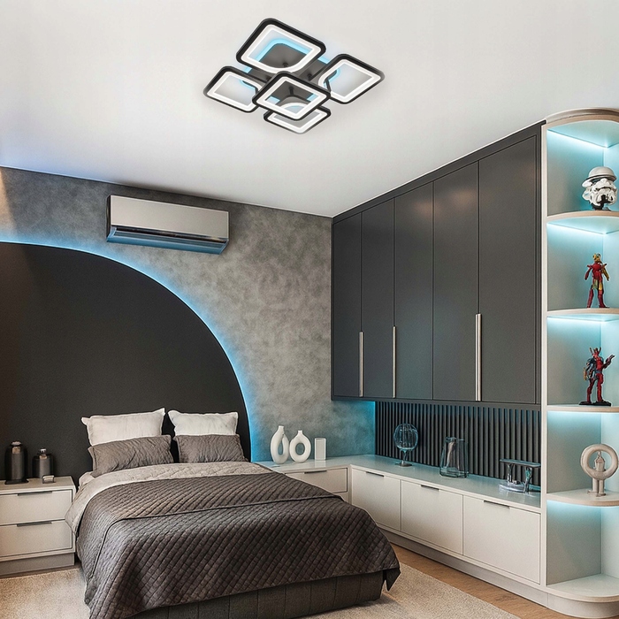 Сучасна стельова LED-люстра LEDLUX, чорна, на 6 точок, з пультом керування, 81 Вт